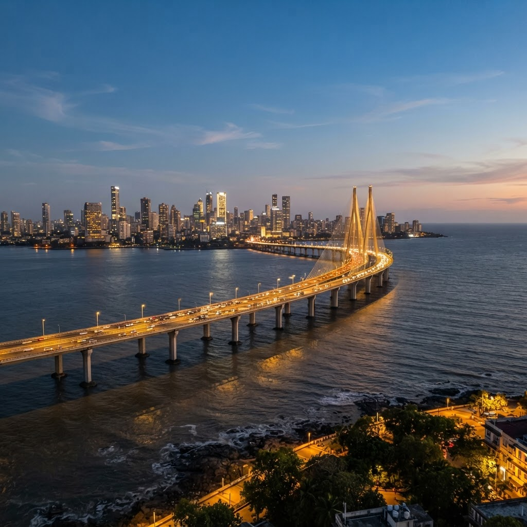 Mumbai skyline with Bandra-Worli Sea Link — Apollo Cabs Mumbai Pune cabs service